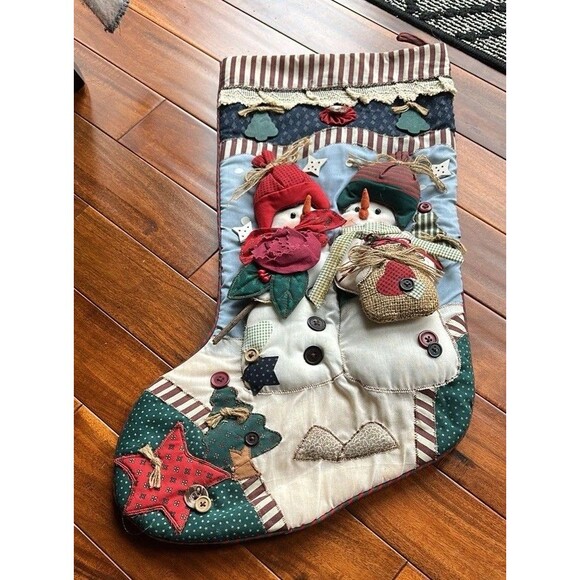 Christmas Stocking Snowman Farmhouse Country Large Quilted Vintage Stockings - Picture 3 of 10